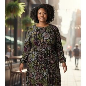 Ulla Popken Midi Dress Black Floral Print Womens Size 20/22 Soft Flowy New Tags
